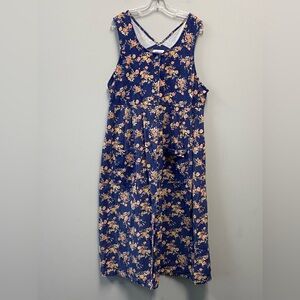 Vintage CottageCore Blue Corduroy Floral Sleeveless Button Front Dress—16W